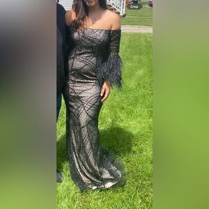 Women’s dress Teri Jon Silver Sequin Off-Shoulder Gown